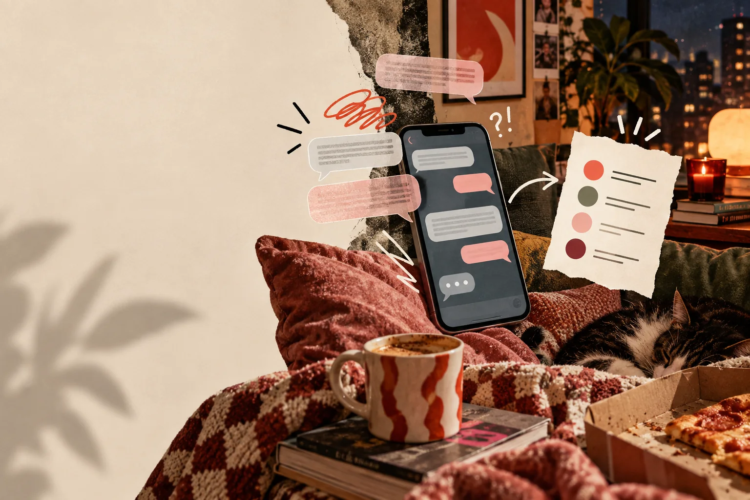 A cozy late-night phone scene where tangled message bubbles become a clear report